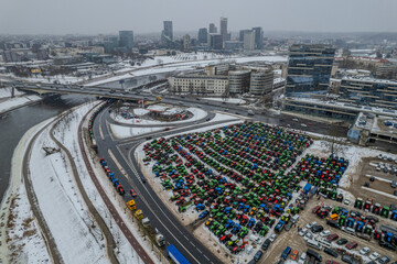 Aerial winter view of farmers protest in Vilnius, Lithuania