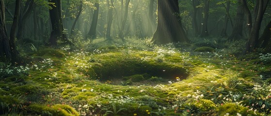 An enchanted forest floor, with a fairy ring of wildflowers and moss.  - obrazy, fototapety, plakaty