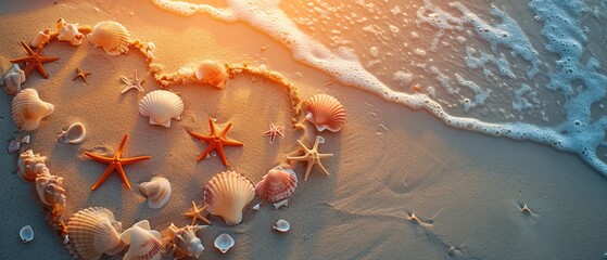 An overhead shot of a sandy beach, with seashells and starfish delicately placed to form a heart shape. 