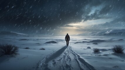 Man walking on a snowy landscape - obrazy, fototapety, plakaty