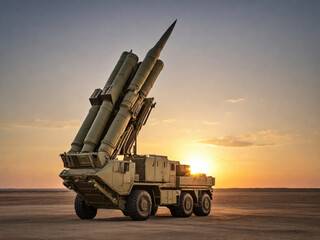 Ballistic missile launcher at sunset, representing military strength and strategic defense capabilities.. Generated with AI