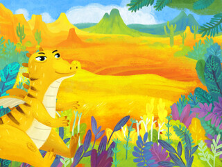 cartoon scene with forest jungle meadow wildlife with dragon dino dinosaur animal zoo scenery illustration for children © honeyflavour