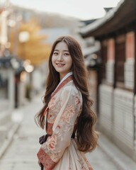 Timeless Elegance: A Modern Muse in Traditional Hanbok Strolling Through Historical Alleys