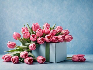 Gift box and bouquet of pink tulips on a soft blue background. Generated with AI