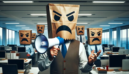 a man holding megaphone with a paper bag on his head with a picture of angry emotions.