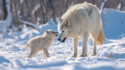 Obraz premium Mother’s Love in the Arctic: Baby Wolf’s Snowy Playtime