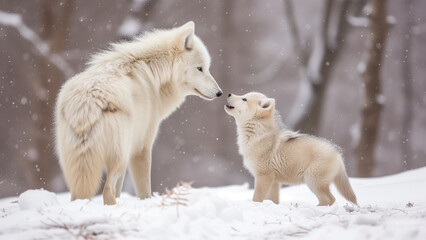 Obraz premium Arctic Bliss: A Baby Wolf’s Snowy Frolic with Mothe
