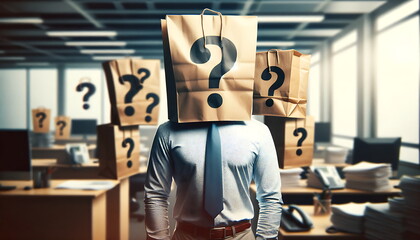 a man with a paper bag on his head with a picture of question mark emotions - obrazy, fototapety, plakaty