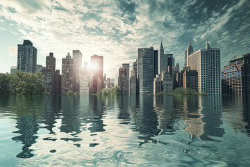 Sunrise Over Flooded Cityscape with Skyline Reflections on Water Signifying Climate Change Impact