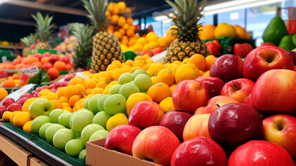 a fruit stand with apples, oranges, and other fruits