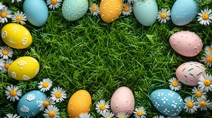 Fototapeta na wymiar Grass with top view lots of easter eggs. Copy space concept. 