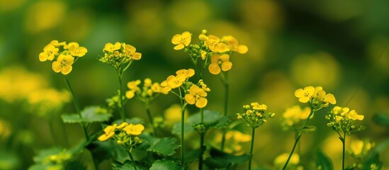 Scientifically named Barbarea vulgaris, wild yellow flowers known as bittercress, herb barbara, and rocketcress grow in clusters.