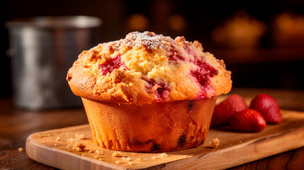 a muffin with strawberries on a table