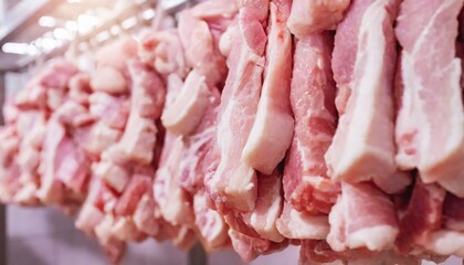 A lot of fresh raw pork meat hanging in a refrigerator, in a meat factory. Generated with AI