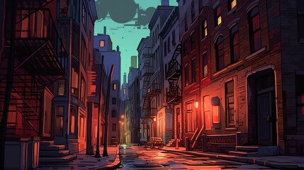illustration cartoon, a night street with lights on