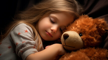 a little girl sleeping with a teddy bear