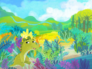 cartoon scene with forest jungle meadow wildlife with dragon dino dinosaur animal zoo scenery illustration for children © honeyflavour
