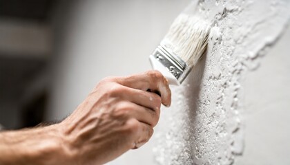 Close-up of the worker's hands painting the wall surface. Generated with AI