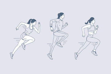 Set of outline illustrations of running sports women