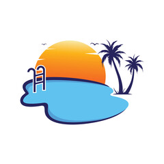 pool,sun and tree logo design vector,editable eps 10.