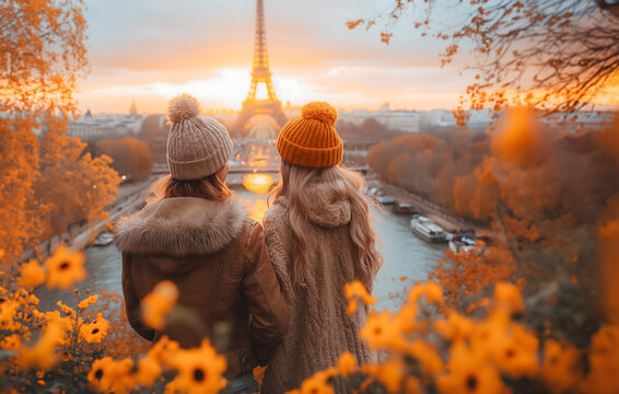 The two close friends are posing for a portrait in the beautiful scenery of France.