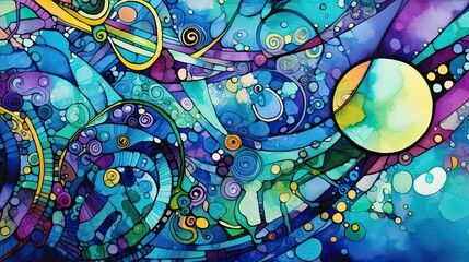 A complex elaborate unbelievably detailed very colorful jewel toned abstract geometric zentangles watercolor and pencil painting with clean smooth brushstrokes and clear bold lines with many layers an - obrazy, fototapety, plakaty