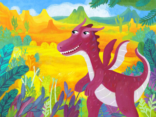 cartoon scene with forest jungle meadow wildlife with dragon dino dinosaur animal zoo scenery illustration for children © honeyflavour