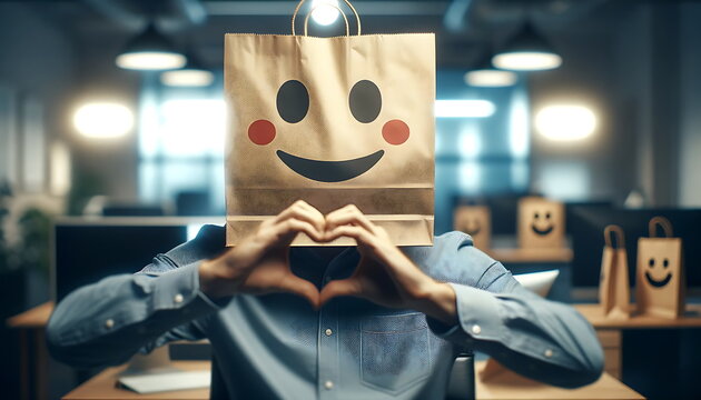 a man with a paper bag on his head with a picture of lovely emotions, love hand gesture