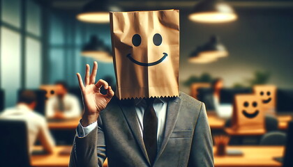 a man with a paper bag on his head with a picture of happy emotions, okey hand gesture