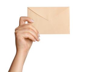 A woman's hand holds an envelope. On a blank background