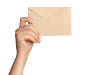 A woman's hand holds an envelope. On a blank background