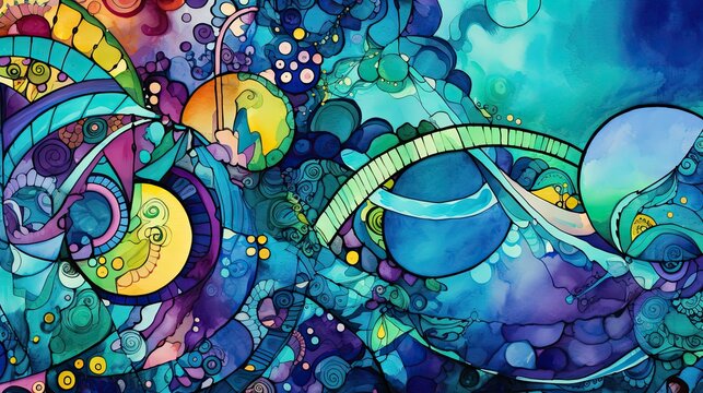A complex elaborate unbelievably detailed very colorful jewel toned abstract geometric zentangles watercolor and pencil painting with clean smooth brushstrokes and clear bold lines with many layers an