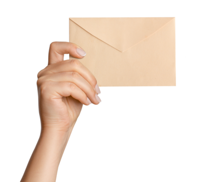 A woman's hand holds an envelope. On a blank background