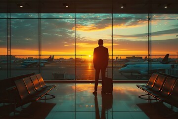 A Lone Traveler Silhouette of a Person with Luggage at Airport, Gazing at the Majestic Sunset, Reflecting on the Journey Ahead