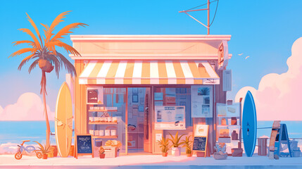 A beach-themed shoe store facade with pastel colors, surfboard displays, and a sand-filled entranceway for a laid-back vibe.