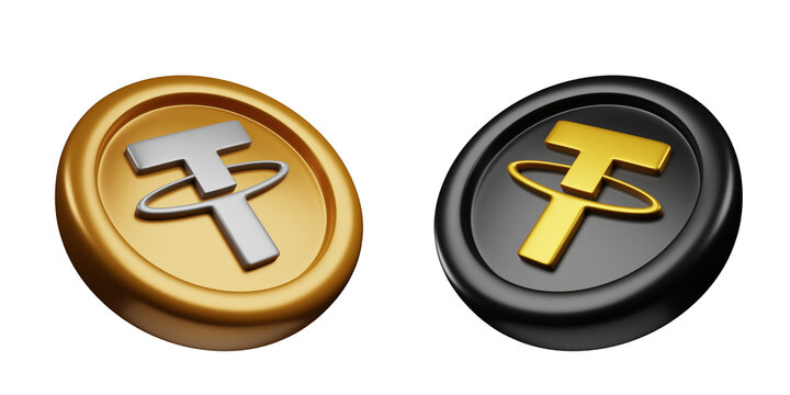 Tether or USDT Black Gold And Gold Silver Coin 3d Set rendering cryptocurrency illustration cartoon style, blockchain or cryptocurrency design