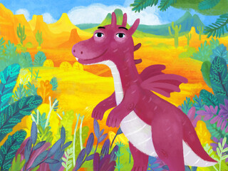 cartoon scene with forest jungle meadow wildlife with dragon dino dinosaur animal zoo scenery illustration for children © honeyflavour