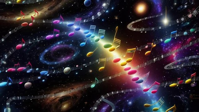 Magical colorful space music background with notes. Music for meditations, techno music