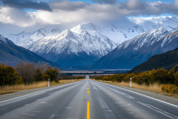 road by new zealand mountains with snow.
