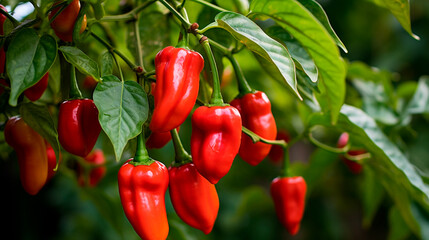 a bunch of red peppers hanging from a tree