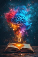 Innovation education Intelligence collage with open book, brain, light bulb and colorful smoke, wallpaper, generative AI - obrazy, fototapety, plakaty