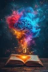 Fotobehang Innovation education Intelligence collage with open book, brain, light bulb and colorful smoke, wallpaper, generative AI © nahwul