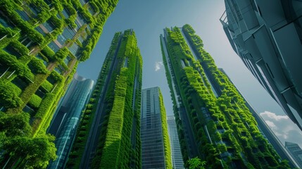 Obraz premium Ivy-Covered Towers in Sustainable Urban Design. Lush ivy climbs high on eco-sustainable urban towers, blending with the sky.