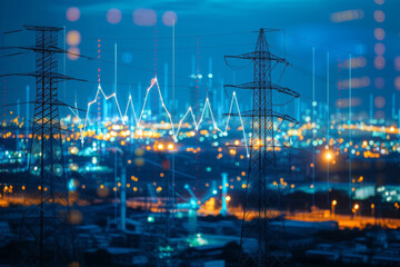 Market stock graph and index information with city light and electricity and energy facility banner industry and business background.