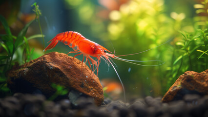 Underwater Jewel: A Crystal Red Shrimp in Its Aquatic Home