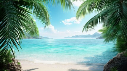 Tropical Beach Paradise Realism. A hyperrealistic tropical beach paradise with crystal clear waters and lush palms.