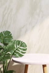 Fototapeta na wymiar White marble table and tropical plant on plain wall background