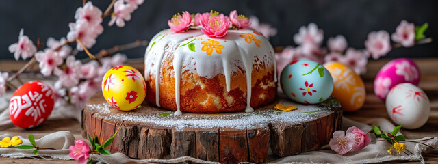 easter paska and eggs of the krashanka on a wooden table