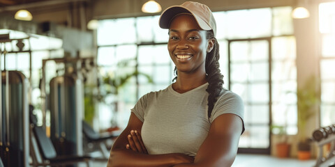 Fitness African American adult female coach muscled woman personal trainer in  t-shirt and cap in sport club interior. Getting fit healthy resolutions. Gym discount summer sale off free deal concept