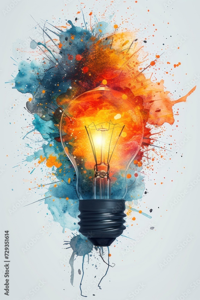 Poster light bulb explodes with colorful paint. new idea, innovation,intelligent brainstorming concept. wal